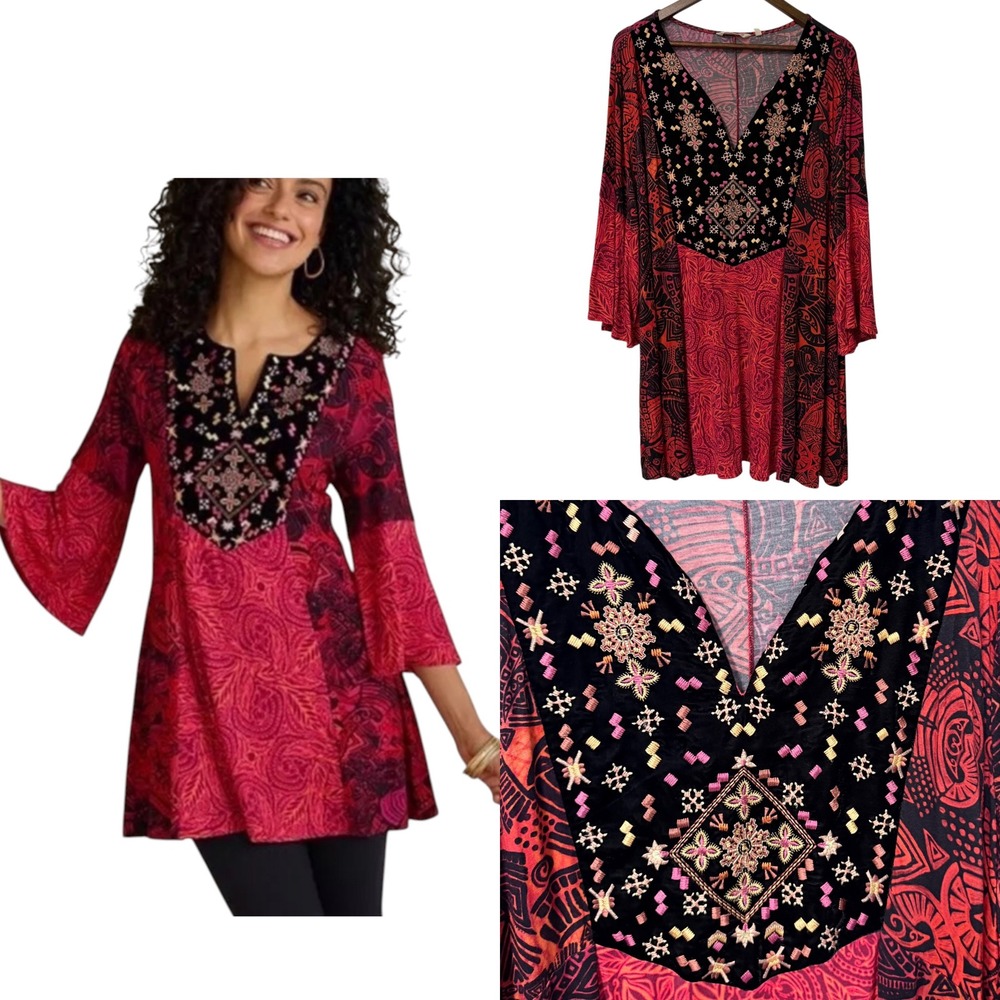 Soft Surroundings Tunic Top Women 3X Red Black Tribal Embroidered Velvet Artsy
